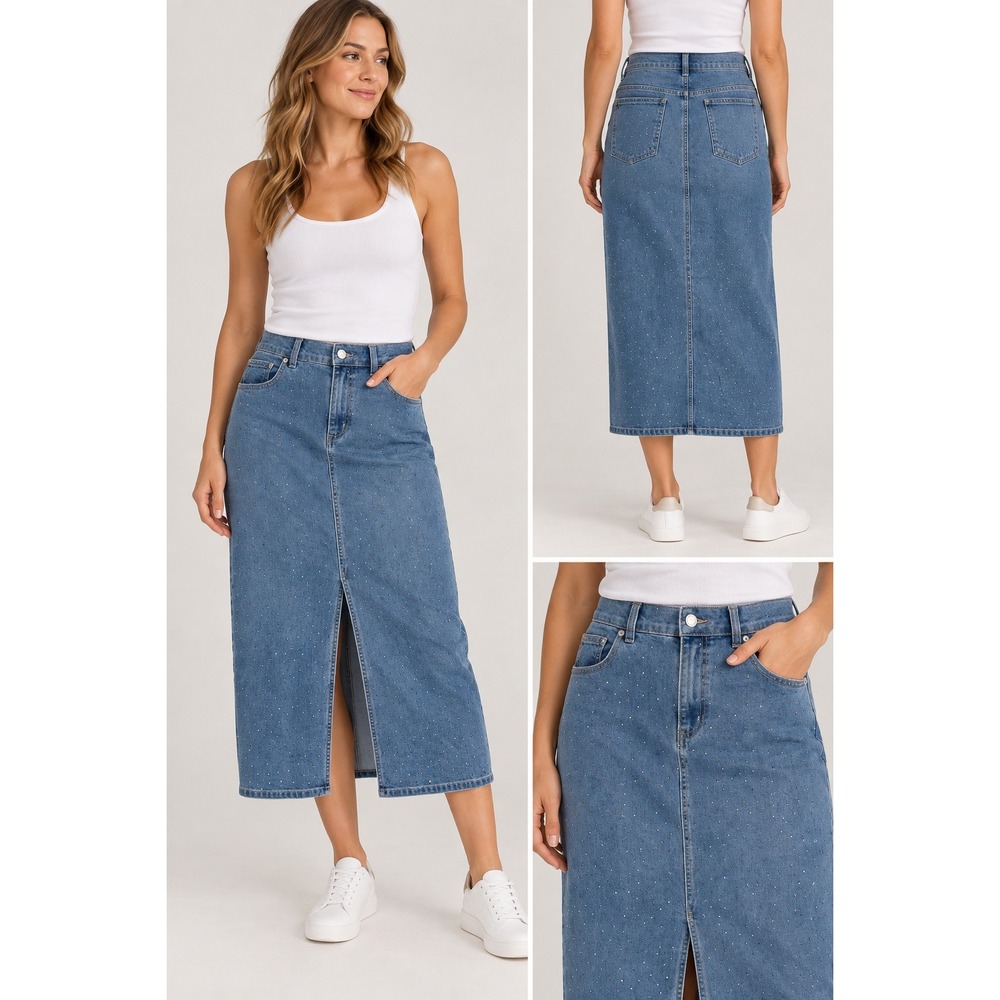 Boston Proper Maxi Skirt Womens 8 Blue Rhinestone Denim PTO Mom Western Glam